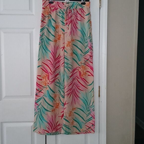 Forever 21 tropical beach lounge wide leg palazzo elastic waist pants  Sz L - Picture 1 of 6